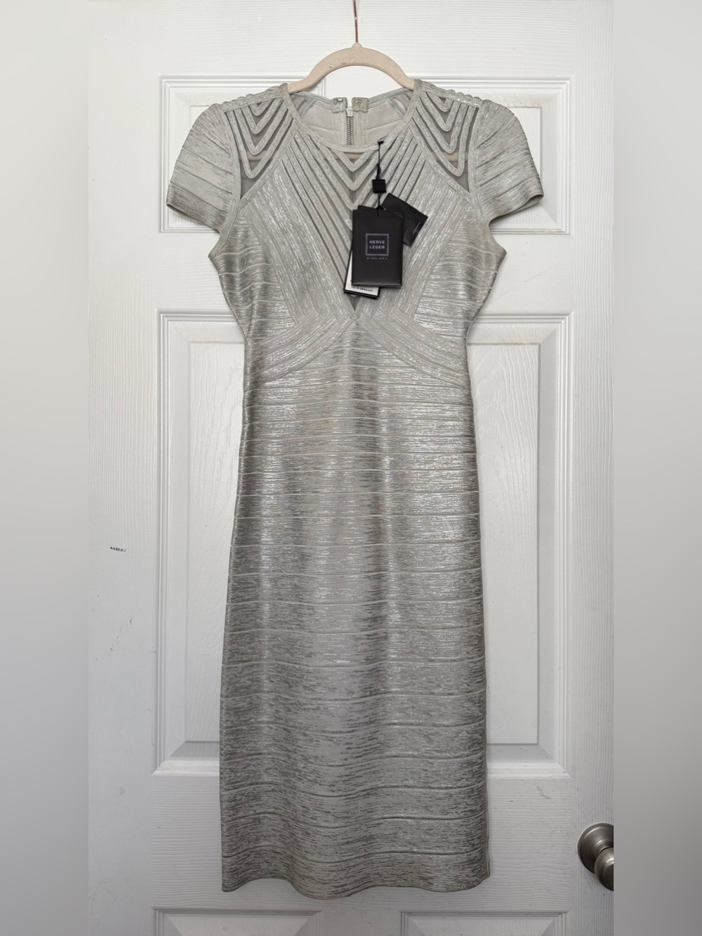 Herve Leger Metallic Silver Short-Sleeve Bandage Dress